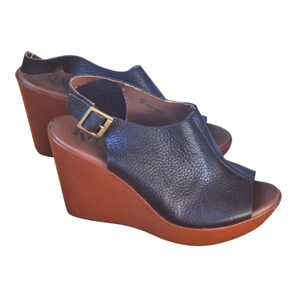 Black Leather Open-Toe Wedge Sandals with Brown Platform